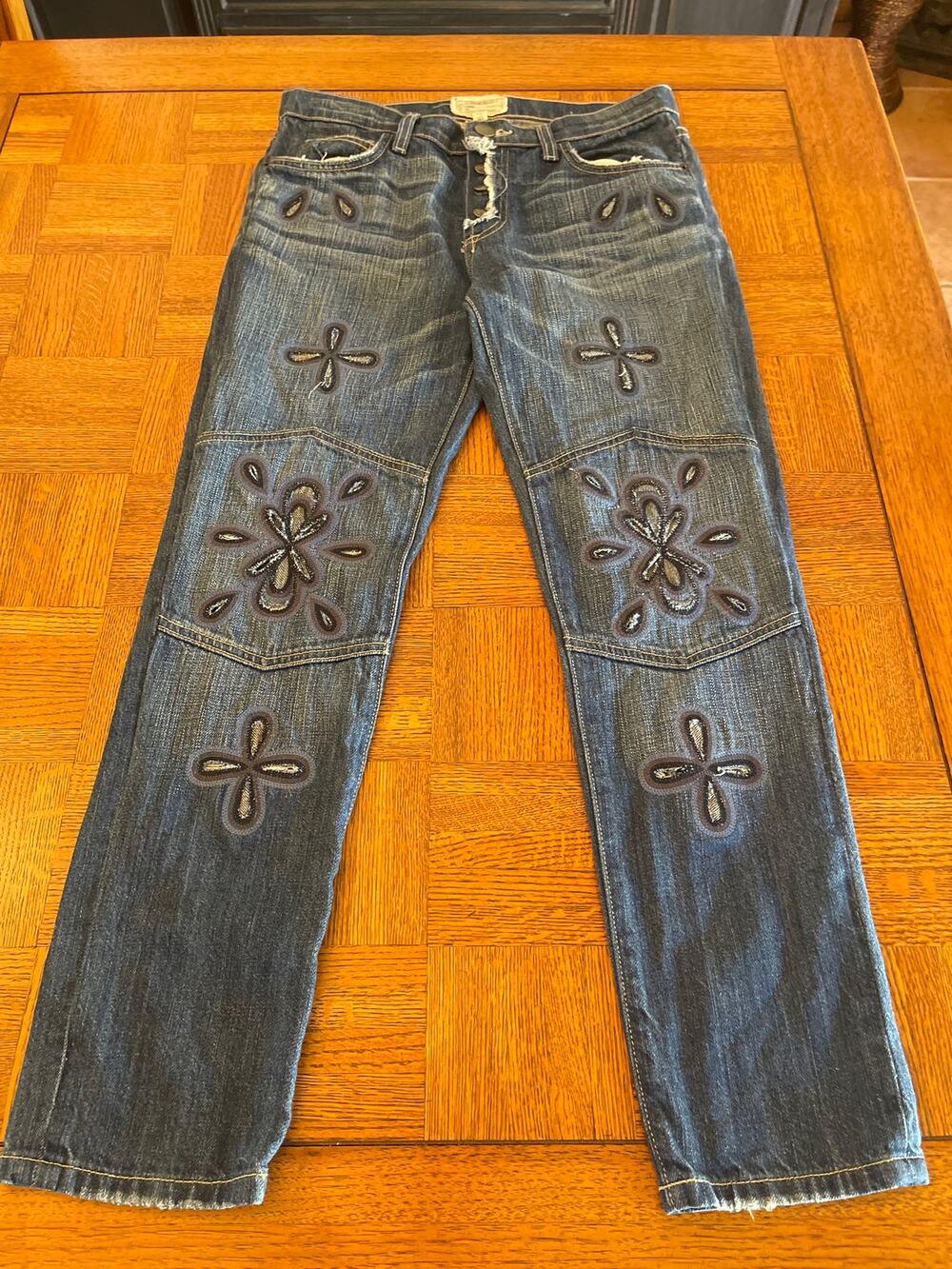Current/Elliott The Fling Jeans, Embroidered Cutout Denim size 26
